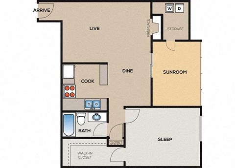 Floor plan for 1 bed, 1 bath, 858 sqft